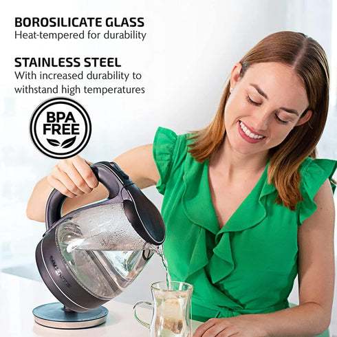 OVENTE Glass Electric Kettle Hot Water Boiler 1.5 Liter Borosilicate Glass Fast Boiling Countertop Heater - BPA Free Auto Shut Off Instant Water Heater Kettle for Coffee & Tea Maker - Black KG83B by OVENTE
