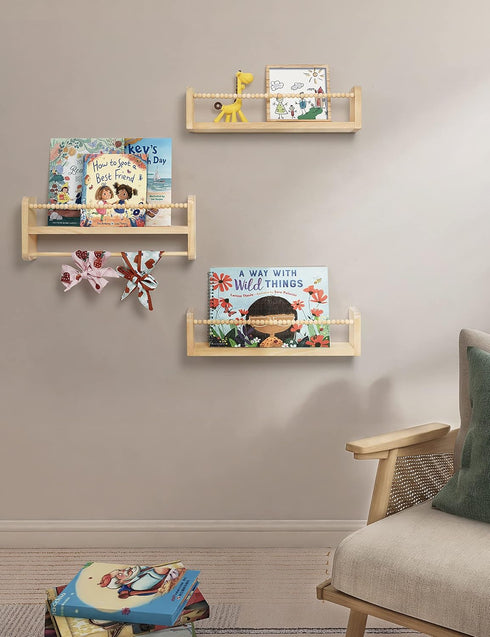 Set 3 Maxpeuvon Nursery Floating Shelves for Wall, of Book Shelves Natural Wood Wall Mounted Organizer with Towel Bar