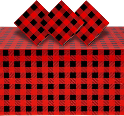 BLUE PANDA Buffalo Plaid Plastic Tablecloth, 3 Pack, 54 x 108 in Red & Black, Disposable Durable Decor for Lumberjack
