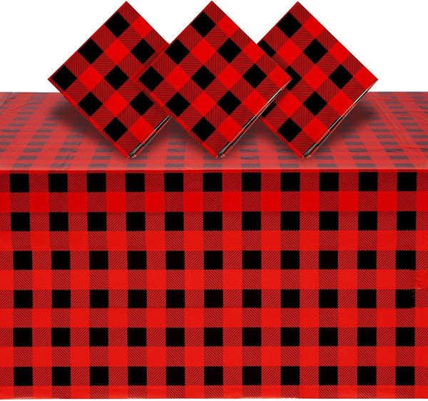 BLUE PANDA Buffalo Plaid Plastic Tablecloth, 3 Pack, 54 x 108 in Red & Black, Disposable Durable Decor for Lumberjack