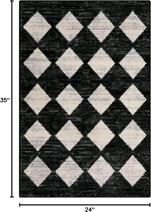2x3 Lahome Zelie Moroccan Trellis Area Rug, Small Black Checkered Entryway Rug Non Slip Kitchen Mat, Stain Resistance