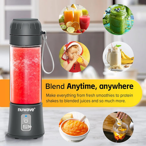 Nuwave Obsidian Gray Portable Blender, Personal USB-C Rechargeable Blender with 6-Piece Blade for Crushing Ice, 18 Oz