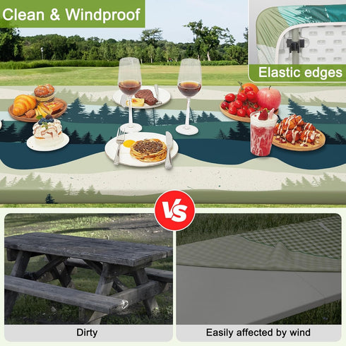 HobbLab Rv,96in,Green Picnic Table Cover with Bench Covers Portable Table Cloth Built-in Storage Pocket Fitted