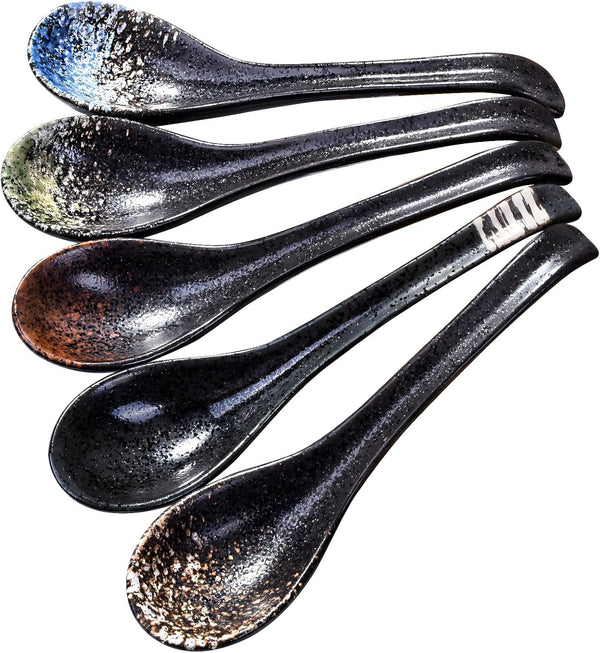 7 inch Japanese and Korean Ramen Spoon Set of 5, Long Handle Ceramic Soup Spoons for Miso, Asian Soup