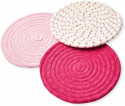 Kitchen Potholders Set Trivets Set 100% Pure Cotton Thread Weave Hot Pot Holders Set (Set of 3) Stylish Coasters, Hot Pads, Hot Mats, Spoon Rest For Cooking and Baking by Diameter 7 Inches (Pink) by Jennice House