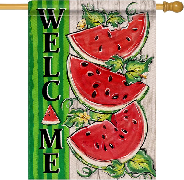 Welcome Summer Watermelon 28 x 40 House Flag, Double Sided; Farmhouse Green Stripes Garden Yard Decoration, Rustic