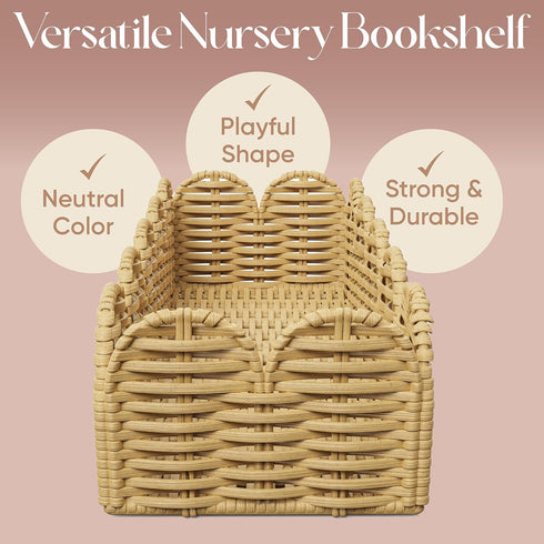 Set 2 Rattan Nursery Book Shelf, Woven Scalloped wall Shelves, Wicker Hanging Storage Basket, Baby Room Bookshelf, Wall
