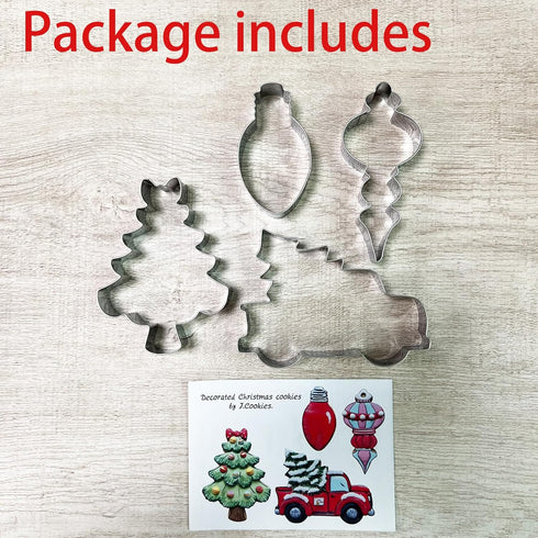 LILIAO Christmas Cookie Cutter Set, 4-pc Stainless Steel Cutters: Pickup Truck with Christmas Tree, Light Bulb, Ornament