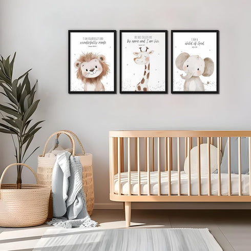 Set 3, 12x16 Inch Framed Nursery Wall Art of Kids Bible Verse Animal Canvas Wall Decor Paintings, Cute Safari Christian