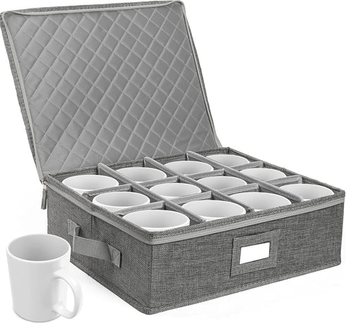 LotFancy Cup and Mug Storage Container, Hard Shell Coffee Mug Box with Dividers & Handles, Holds 12 Tea Cups, Grey