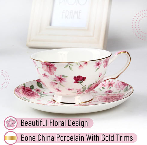 Set 6, 8 oz, Sets, BTaT- Tea Cups and Saucers, of Floral Design, Porcelain Tea Cup Dishwasher Safe