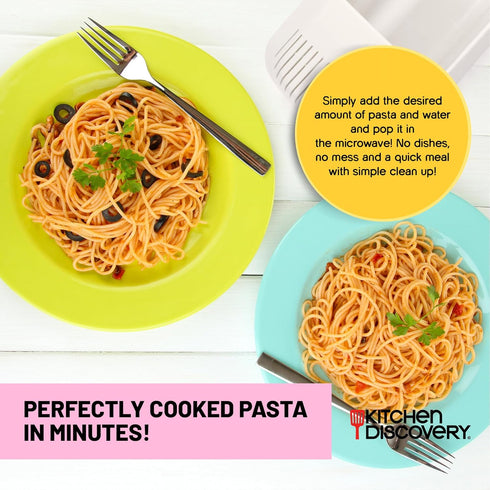 Microwave Pasta Cooker with Strainer Lid, Ready in 10 Minutes, No Mess, No Stick, for Up to 4 Servings