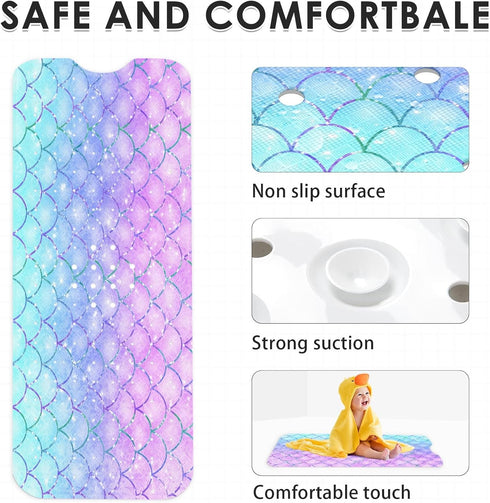 Culudea 40X16 Inch Pink Blue Mermaid Bathtub Shower Mat Fish Underwater Sea Non-Slip Tub Extra Long Bath Floor Machine