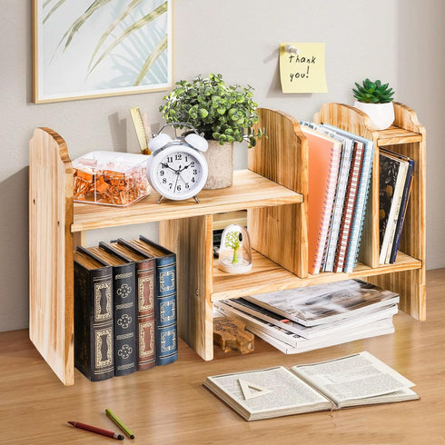 WRINGKIT Adjustable Desktop Storage, Wood Display Bookshelf with 7 Compartments, Expandable Desk