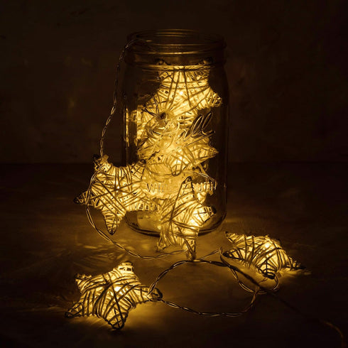 6 ft 10 LED Metal Rattan Style Star String Fairy Lights Garland, Battery Operated, Wedding Holiday Christmas Tree, Warm