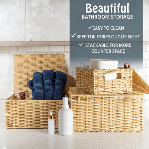 Milli's Product Set 3 Wicker Storage Baskets Hand Woven with Lids of (Large, Medium, Small) for Organizing Clothes