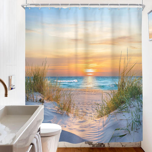 Riyidecor Beach Ocean Coastal Shower Curtain - 60Wx72H Inch Tropical Landscape Fabric Decor with 12 Pack Hooks