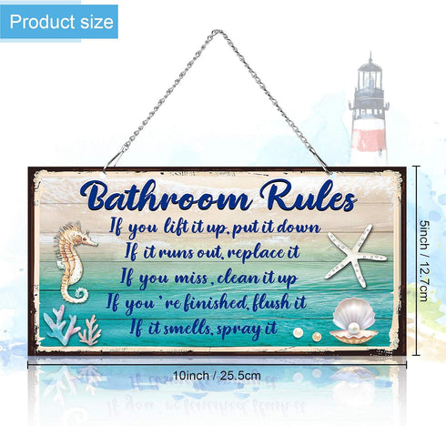 Seashell Bathroom Rules Decor Signs, Ocean Theme Beach Art for Wall, Funny Bathroom Rules Metal Sign, Blue and White