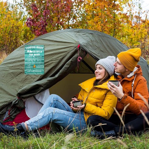 Moxweyeni 2 Pcs Camping Decor for Camper, Rustic Funny Camping Rules Metal Tin Sign for Inside Outside Wall Art