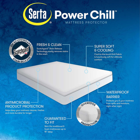 Serta Power Chill Twin XL Waterproof Mattress Cover - Soft Breathable Cooling Protector, 15" Elastic Deep Pocket for