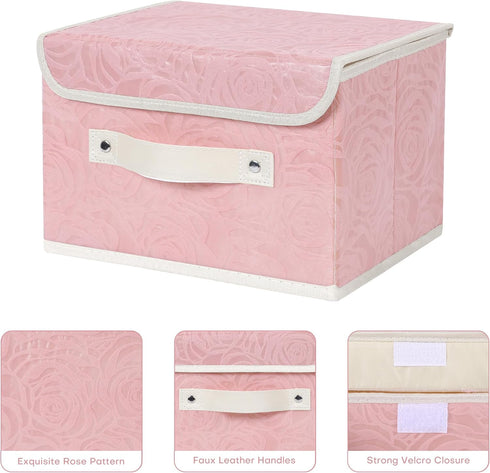 ANMINY Fabric Storage Bin with Lid, Rose Print Storage Box with PU Leather Handles, Washable PP Plastic, Pink, Small