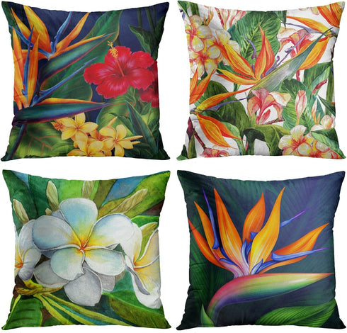 Britimes Floral Throw Pillow Covers Set of 4, 18 x 18 Inches, Hawaiian Tropical Flowers for Living Room Decor