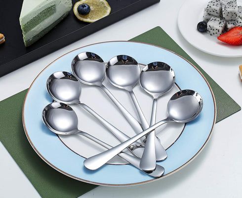 Kyraton 6-Piece Stainless Steel Round Soup Spoons, Dinner & Table Spoons, Dishwasher Safe Silverware Set