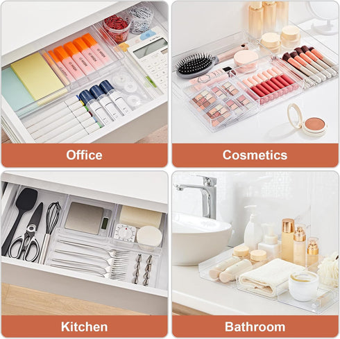 SMARTAKE 6 PCS Clear Plastic Drawer Organizers Set, Large Non-Slip Organizer Trays for Makeup, Office, Kitchen