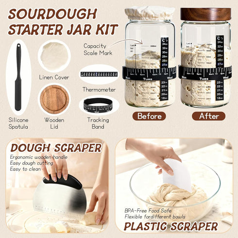 Kit,40oz Lid,2 (9Round 10Oval),Bread Sourdough Starter Sourdough Starter Jar with Wooden Banneton Bread Proofing