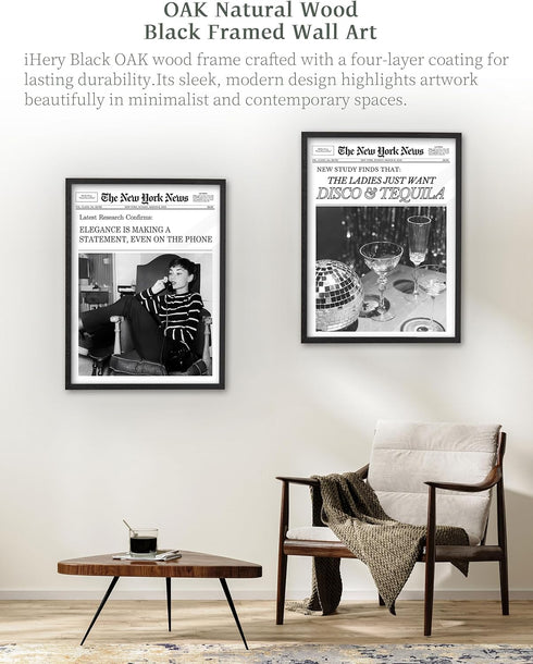 12x16in Set 1 iHery Natural Black OAK Wood Disco Tequila Newspaper Framed Wall Art, Trendy Modern Cocktail Bar Cart