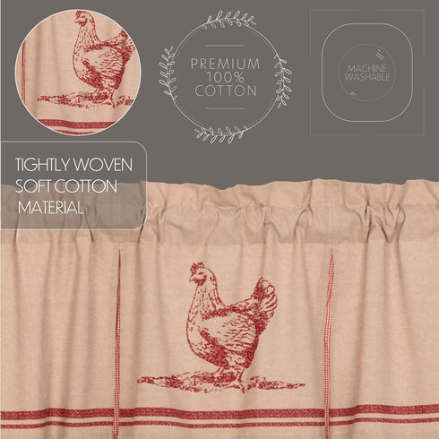 VHC Brands Sawyer Mill Chicken Pleated Curtain Valance, Red, 20x72