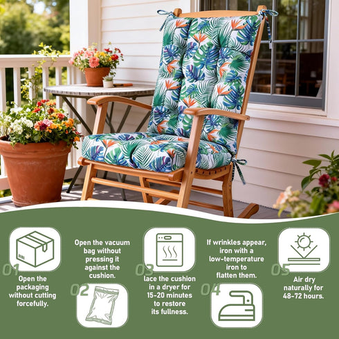 QemoraHome Set Tropical Rainforest Style Rocking Chair Cushion Waterproof Tufted with Ties Non-Slip High Back Chair