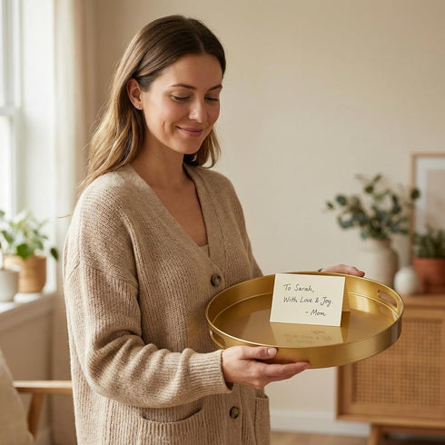 13" Spsyrine Round Gold Decorative Tray, Plastic Serving Table Tray with Handles for Ottoman, Coffee Table, Bathroom