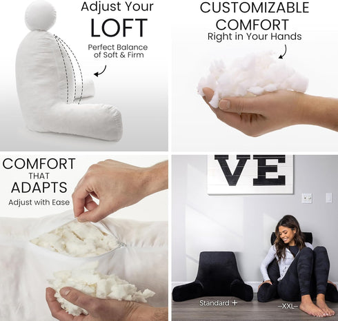 Husband Pillow Black, Original Reading Pillow in Bed Rest Chair, Shredded Memory Foam Large Lounge Cushion Adult