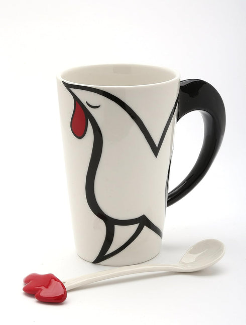 20764 Fine Porcelain White and Black Rooster Mug with Red Crown and Spoon, 5 1/8"H