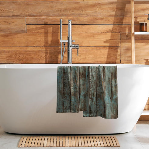 15x30 Set 2, Country Giwawa Rustic Barn Wood Hand Towel of Vintage Teal Turquoise Brown Plank Fingertip Towel Retro