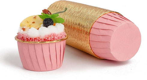 GOLDEN APPLE Mini Cake Baking Cups, 50 pcs Aluminum Foil Paper, Pink in Gold Cupcake Liners for Party Wedding