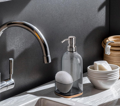 17oz Countertop Clasin Home Kitchen Soap Dispenser with Sponge Holder, Refillable Acrylic Dish Soap Dispenser