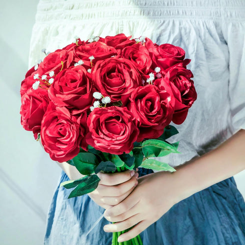 JUSTOYOU 10Pcs Artificial Roses Flowers, Realistic Silk Rose, Long Stem Bouquets for Home Wedding Decoration