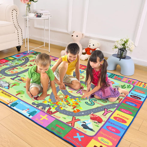 3x5 Terrug Kids Rug for Playroom & Classroom, Washable Nursery Carpet, Non-Slip Play Mat - ABC, Numbers, Animal, Color