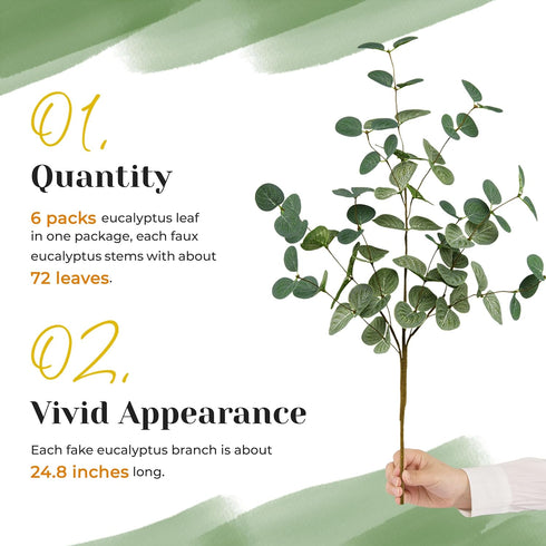 TOPHOUSE 6pcs Artificial Eucalyptus Leaves Stems Bulk - 24.8” Silver Dollar Eucalyptus Artificial Greenery Silk Plant