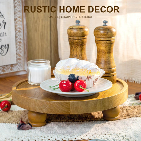 EOSAHR Farmhouse Round Wood Riser Wooden Tray Pedestal Stand for Bathroom Decor & Kitchen Sink Decorative Riser Display