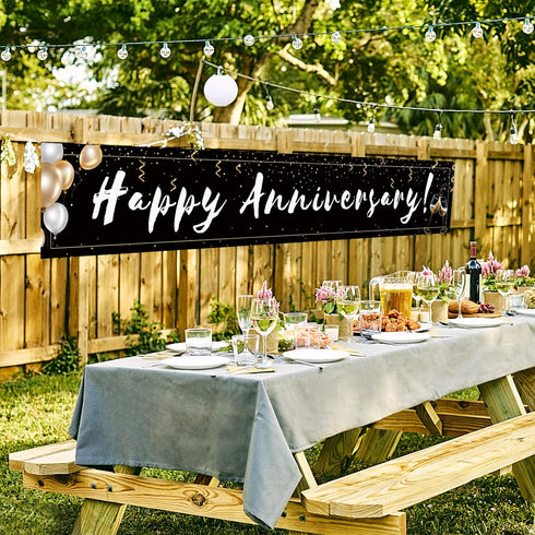 Romantic Happy Anniversary Decorations Banner - Black 118"x20" Bilingual "Feliz Aniversario" Wedding Party Decor