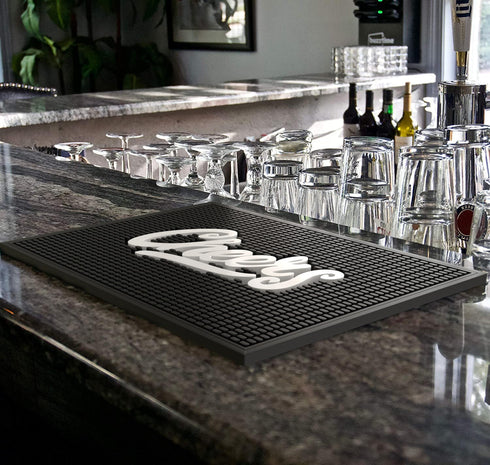 Highball & Chaser Premium Custom Bar Mat 18in x 12in 1cm Thick Durable and Stylish Service Bar Mat for Spills, Coffee, Bars, Restaurants, Counter Top Dish Drying Mat (Cheers)