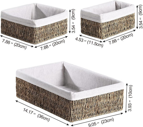 FairyHaus Natural Small Seagrass Storage Baskets with Liner, Hand-woven Nesting Wicker Baskets Set for Shelves (3 Pack)