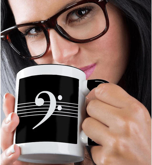 3dRose Black Bass Clef F-Clef on Musical Staves, Two Tone Black Mug, 11oz Musician Gift