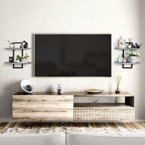 Rustic Wood Floating Shelves - Farmhouse Wooden Wall Shelves Organizer with Sturdy Metal Frame for Living Room Bedroom