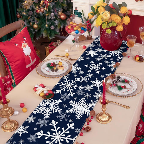 72 13 Inch x Christmas Table Runner, Navy Blue with White Snowflake Pattern for Winter Holiday Dining Table, Kitchen