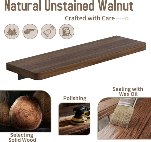 16 inch Danpoo Solid Walnut Floating Shelf - Large, Heavy Duty Wall Shelf for Kitchen, Living Room, Bathroom, Built