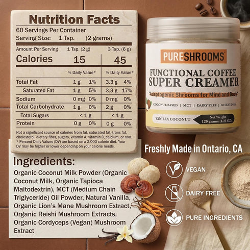 120g 4.2 oz) Functional Coffee Super Creamer - Vanilla - Coconut Milk Powder, MCT, Organic Lions Mane, Reishi